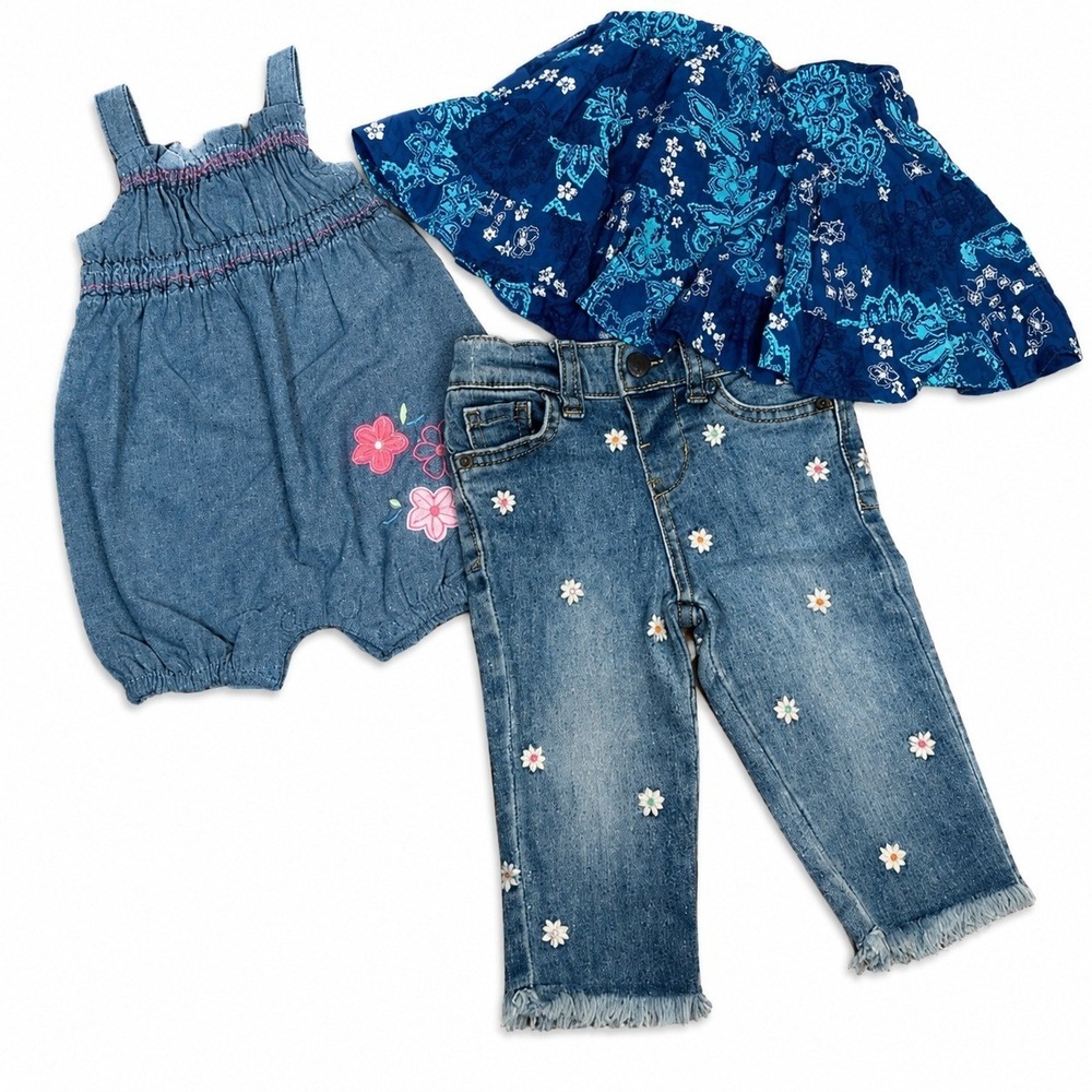 Cat & Jack Princess Rose Amy Coe Baby Bundle 0-12M Blue Floral Denim Set